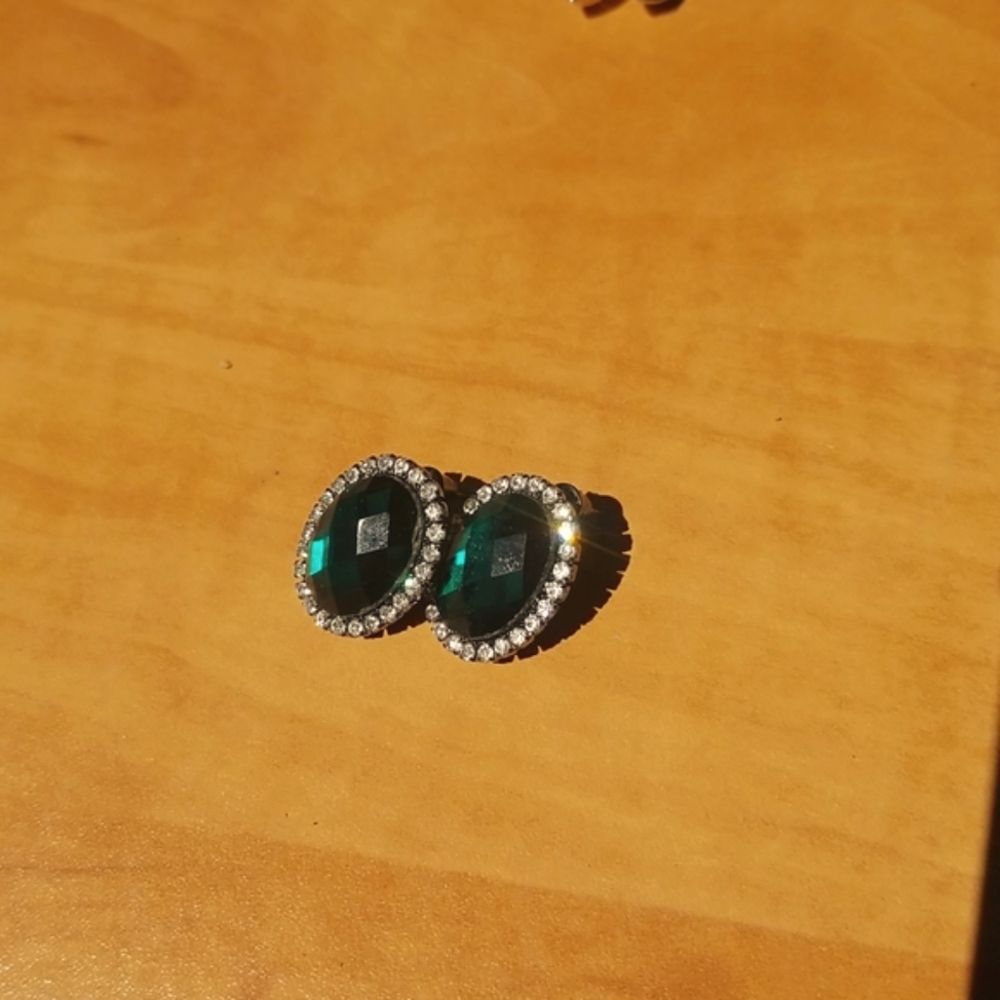 Oval Shaped Emerald Green Earrings with Crystals all around